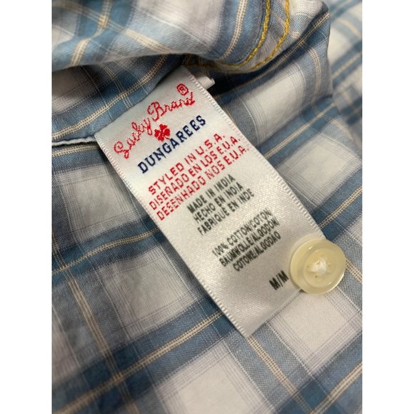 Lucky Brand Western Button Down Pearl Snap Short Sleeve Medium Blue White Plaid - Picture 5 of 7
